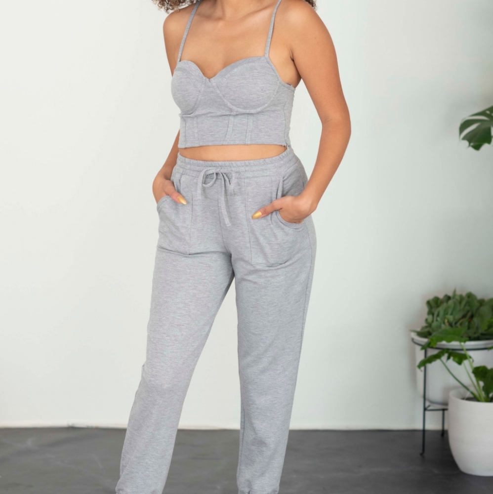 SHOPIRISBASIC Let's Do This Bustier and Joggers Lounge Set in Heather Grey